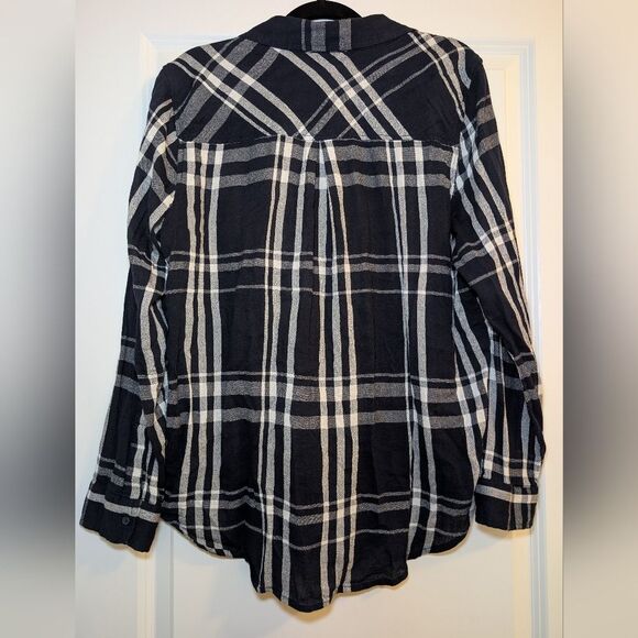 Lucky Brand Women's Size Large Dark Blue White Plaid Button Down Long Sleeve Top - Picture 5 of 12